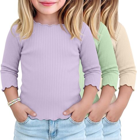 3 Pack Toddler Girls Shirts 3/4 Sleeve Lettuce Trim Fitted T-Shirts Ribbed Knit Crew Neck Tops Casual Basic Tees in Kuwait