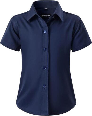 Spring&Gege Girls Short Sleeve Dress Shirt Kids Stretch Wrinkle-Free Button Down Shirt School Uniform Blouse (5-14 Years) in Kuwait
