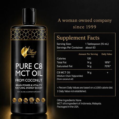 Cocó March N.M.D. Pure C8 MCT Oil from Coconut for Energy, Metabolism & Brain Support, Keto & Fasting Friendly, Gluten-Free, Vegan & Unflavored - Perfect in Coffee, Tea & Smoothies, 32 fl oz in Saudi Arabia