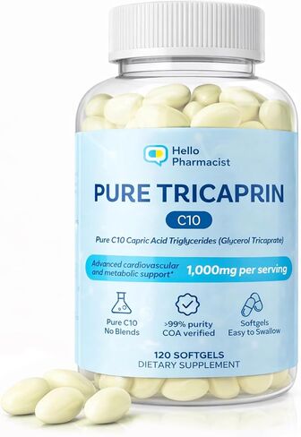 100% Pure Tricaprin C10 MCT Oil Softgels - Advanced Heart, Cardiovascular & Cellular Support - Capric Acid Triglycerides (Glycerol Tricaprate) - 1g Serving - Pure C10 MCT Oil - No C8, C12-120 Count in Saudi Arabia