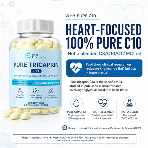 100% Pure Tricaprin C10 MCT Oil Softgels - Advanced Heart, Cardiovascular & Cellular Support - Capric Acid Triglycerides (Glycerol Tricaprate) - 1g Serving - Pure C10 MCT Oil - No C8, C12-120 Count in Saudi Arabia