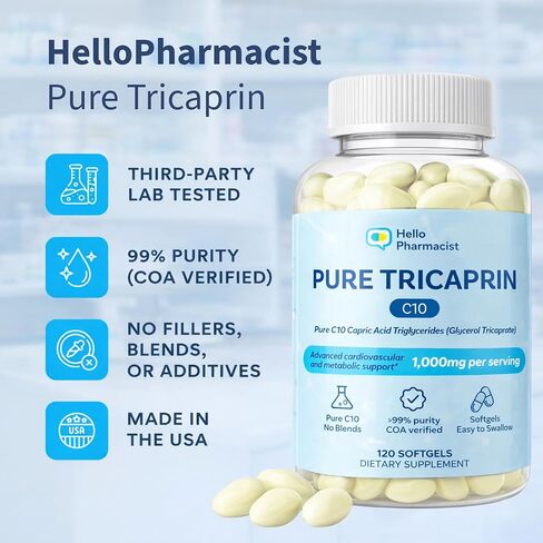 100% Pure Tricaprin C10 MCT Oil Softgels - Advanced Heart, Cardiovascular & Cellular Support - Capric Acid Triglycerides (Glycerol Tricaprate) - 1g Serving - Pure C10 MCT Oil - No C8, C12-120 Count in Saudi Arabia