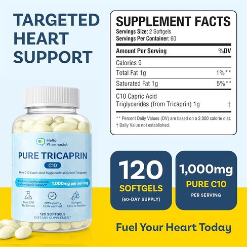 100% Pure Tricaprin C10 MCT Oil Softgels - Advanced Heart, Cardiovascular & Cellular Support - Capric Acid Triglycerides (Glycerol Tricaprate) - 1g Serving - Pure C10 MCT Oil - No C8, C12-120 Count in Saudi Arabia