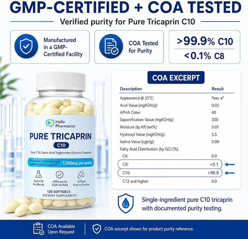 100% Pure Tricaprin C10 MCT Oil Softgels - Advanced Heart, Cardiovascular & Cellular Support - Capric Acid Triglycerides (Glycerol Tricaprate) - 1g Serving - Pure C10 MCT Oil - No C8, C12-120 Count in Saudi Arabia