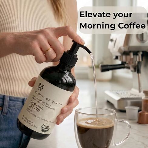 بلوم أوف يوث زيت MCT النقي C8 + C10 | زجاجة زجاجية 16 أونصة - من جوز الهند العضوي بنسبة 100%، عضوي من وزارة الزراعة الأمريكية - تم اختباره معمليًا من حيث الجودة والنقاء - مكمل كيتو للدماغ والجسم | أضف إلى القهوة أو المخفوقات in Kuwait