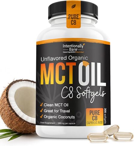 Intentionally Bare Organic Pure C8 MCT Oil Capsules – 99.2% C8, .8% C10 MCT Oil Pills–Sustained Energy, Mood & Focus – from 100% Pure Organic Coconuts - Easy to Swallow and Travel - 300 Soft Gels in Saudi Arabia