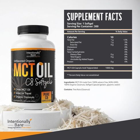 Intentionally Bare Organic Pure C8 MCT Oil Capsules – 99.2% C8, .8% C10 MCT Oil Pills–Sustained Energy, Mood & Focus – from 100% Pure Organic Coconuts - Easy to Swallow and Travel - 300 Soft Gels in Saudi Arabia