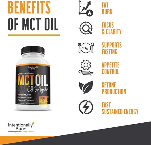 Intentionally Bare Organic Pure C8 MCT Oil Capsules – 99.2% C8, .8% C10 MCT Oil Pills–Sustained Energy, Mood & Focus – from 100% Pure Organic Coconuts - Easy to Swallow and Travel - 300 Soft Gels in Saudi Arabia