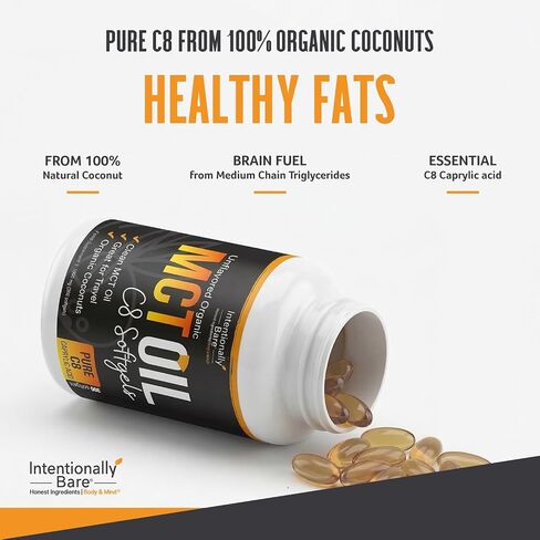Intentionally Bare Organic Pure C8 MCT Oil Capsules – 99.2% C8, .8% C10 MCT Oil Pills–Sustained Energy, Mood & Focus – from 100% Pure Organic Coconuts - Easy to Swallow and Travel - 300 Soft Gels in Saudi Arabia