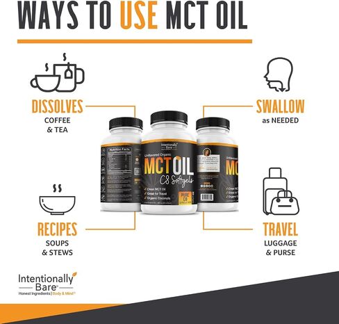Intentionally Bare Organic Pure C8 MCT Oil Capsules – 99.2% C8, .8% C10 MCT Oil Pills–Sustained Energy, Mood & Focus – from 100% Pure Organic Coconuts - Easy to Swallow and Travel - 300 Soft Gels in Saudi Arabia