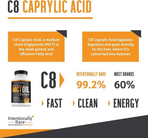 Intentionally Bare Organic Pure C8 MCT Oil Capsules – 99.2% C8, .8% C10 MCT Oil Pills–Sustained Energy, Mood & Focus – from 100% Pure Organic Coconuts - Easy to Swallow and Travel - 300 Soft Gels in Saudi Arabia