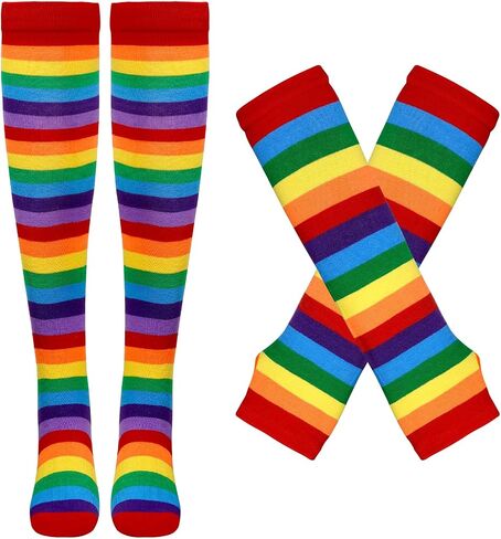 Womens Rainbow Striped Knee High Socks Women Thigh High Socks Arm Warmers Fingerless Gloves Set in Kuwait