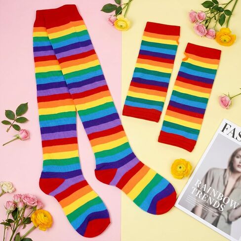 Womens Rainbow Striped Knee High Socks Women Thigh High Socks Arm Warmers Fingerless Gloves Set in Kuwait
