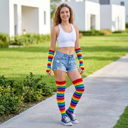 Womens Rainbow Striped Knee High Socks Women Thigh High Socks Arm Warmers Fingerless Gloves Set in Kuwait
