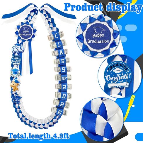 Graduation Money Lei Class of 2026, Double Braided Ribbon Cash Holder Lei with DIY Badges, Creative Money Gift Wreath for High School College Party Supplies in Kuwait