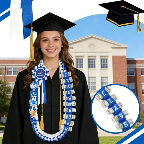 Graduation Money Lei Class of 2026, Double Braided Ribbon Cash Holder Lei with DIY Badges, Creative Money Gift Wreath for High School College Party Supplies in Kuwait