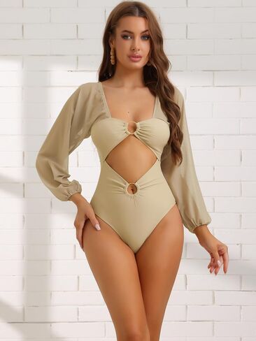 Women's Cut Out Ring Plunge Neck Shirred Bikini, 1 Piece Long Sleeves Mesh Tummy Control Swimsuit Bathing Suit Small Khaki in Kuwait