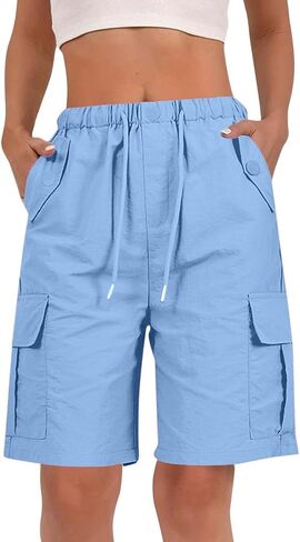 Bermuda Shorts for Women Knee Length Casual Wide Leg Drawstring Hiking Work Summer Cargo Shorts with Pockets in Saudi Arabia