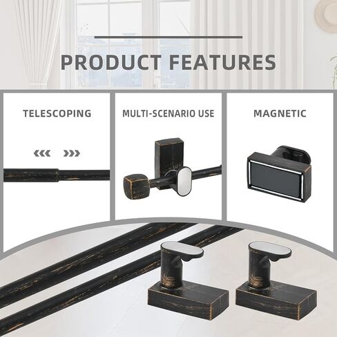 Magnetic No Drill Curtain Rods for Metal Doors Multi-Use Rods for Iron Steel Places, Magnetic Towel Bar for Refrigerator (2 Pack, Adjust from 16 to 28 Inch, White Brush Gold) in Saudi Arabia