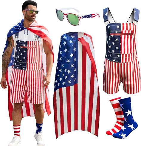 Odefou American Flag Overalls Men,4th of July Socks,Patriotic Sunglasses,USA Cape,4 Pcs for Memorial Labor Day in Saudi Arabia