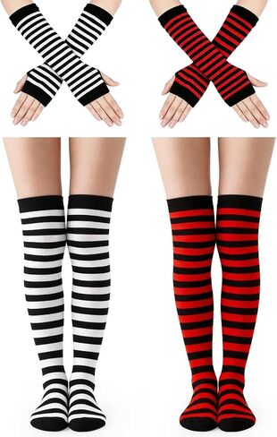 2 Sets Striped Knee High Socks & Leg And Arm Warmers Women, Long Fingerless Gloves For Halloween Party, Colorful Stretchy Costume Accessories Set, Black and White & Black and Red in Saudi Arabia