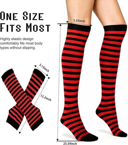 2 Sets Striped Knee High Socks & Leg And Arm Warmers Women, Long Fingerless Gloves For Halloween Party, Colorful Stretchy Costume Accessories Set, Black and White & Black and Red in Saudi Arabia