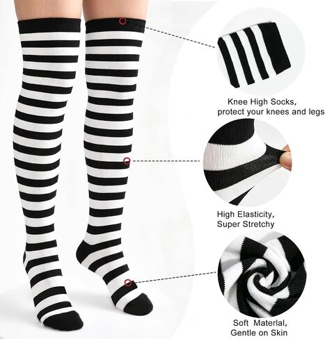 2 Sets Striped Knee High Socks & Leg And Arm Warmers Women, Long Fingerless Gloves For Halloween Party, Colorful Stretchy Costume Accessories Set, Black and White & Black and Red in Saudi Arabia