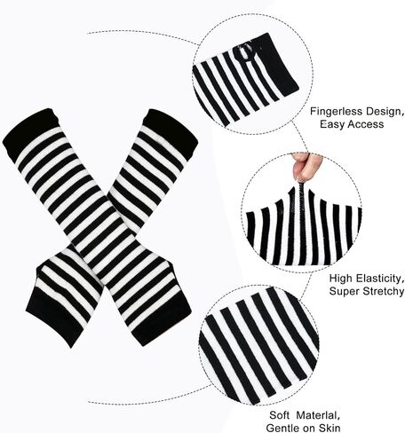 2 Sets Striped Knee High Socks & Leg And Arm Warmers Women, Long Fingerless Gloves For Halloween Party, Colorful Stretchy Costume Accessories Set, Black and White & Black and Red in Saudi Arabia