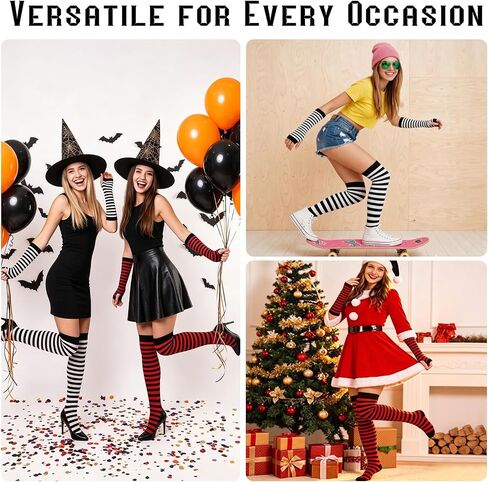 2 Sets Striped Knee High Socks & Leg And Arm Warmers Women, Long Fingerless Gloves For Halloween Party, Colorful Stretchy Costume Accessories Set, Black and White & Black and Red in Saudi Arabia