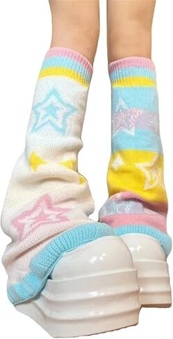 Kawaii Star Long Leg Warmers for Women - Flare Knit Rainbow Japanese Goth Punk Legwarmers for Fall, Winter in Saudi Arabia