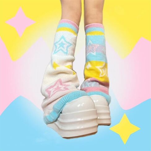 Kawaii Star Long Leg Warmers for Women - Flare Knit Rainbow Japanese Goth Punk Legwarmers for Fall, Winter in Saudi Arabia