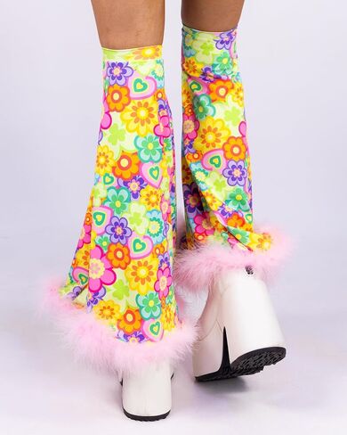 أكمام شبكية للسيدات من Flower Power مع طباعة زهور قديمة وزخرفة Marabou - إكسسوارات ملابس المهرجانات والهذيان، تدفئة الساق المميزة من Boho in Kuwait