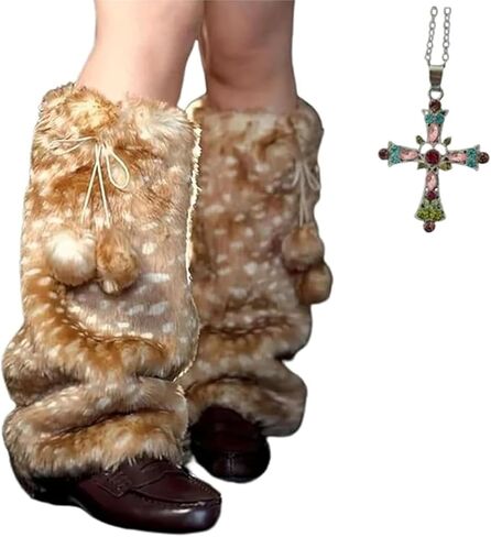 تدفئة الساق النسائية من Whimsy Twee Deer Print، تدفئة الساق من الفرو الصناعي البني Y2k مع فيونكة للنساء ملابس Harajuku in Kuwait