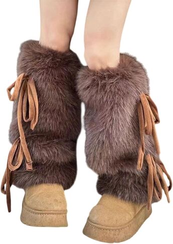 HeiBai Xiong Cute Fur Long Leg Warmers for Women - Fluffy, Lace up, Warm Gothic Punk Harajuku Winter Legwarmers for Dancers in Saudi Arabia