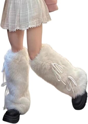 HeiBai Xiong Cute Fur Long Leg Warmers for Women - Fluffy, Lace up, Warm Gothic Punk Harajuku Winter Legwarmers for Dancers in Saudi Arabia