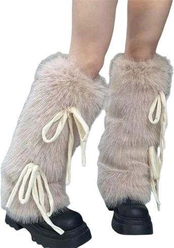 HeiBai Xiong Cute Fur Long Leg Warmers for Women - Fluffy, Lace up, Warm Gothic Punk Harajuku Winter Legwarmers for Dancers in Saudi Arabia