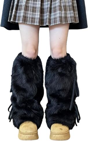 Y2K Fur Long Leg Warmers for Women - Furry Lace up Fuzzy Warm Kawaii Goth Punk Winter Ice Skating Legwarmers in Saudi Arabia