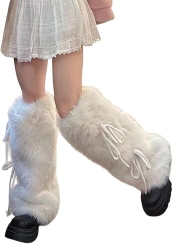 Y2K Fur Long Leg Warmers for Women - Furry Lace up Fuzzy Warm Kawaii Goth Punk Winter Ice Skating Legwarmers in Saudi Arabia
