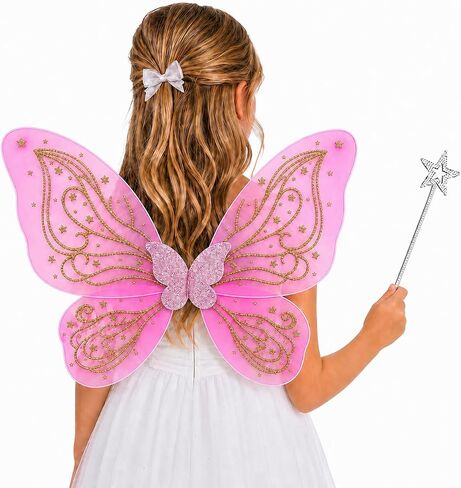 Butterfly Fairy Wings 24"x15.4" for Kids, Fairy Costume with Gold Star Patterns and Wand, Halloween Birthday Party Cosplay in Saudi Arabia
