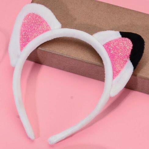 عصابة رأس DDazzling Girls Cat Ears مع لمعان وردي، قماش أبيض ناعم قابل للتمدد، إكسسوارات أزياء كرتونية للحفلات، للأعمار من 3 سنوات فما فوق (أبيض وردي أسود) in Kuwait