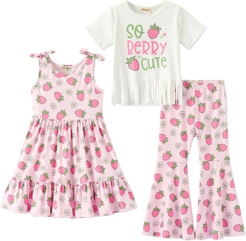 Girls’ 3-Piece Strawberry Outfit Set, Sleeveless Dress, Graphic Tee & Flared Pants, Soft Stretch Fabric, Ages 1-10 in Kuwait