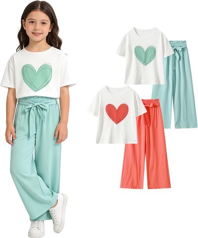 Girls' 4 Pieces Heart Print Short Sleeve Top and Solid Wide Leg Pants Casual Tracksuit Set Orange Mint Green 3-10Y in Kuwait