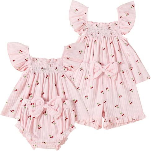 Sister Matching Outfits Toddler Baby Girl Summer Clothes Ruffle Tops with Bow Bloomers Shorts Set in Saudi Arabia