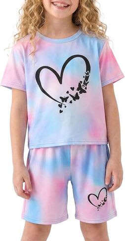 Girls Summer Outfits 2 Piece Short Set Soft Graphic Sports Tracksuit Beach Vacation for Little Big Girls 3-12Years in Kuwait