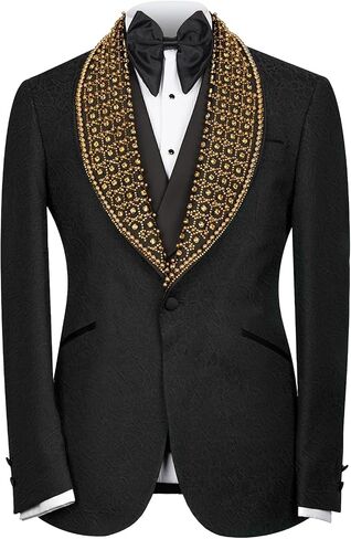Embellished Men's Black Paisley Blazer with Gold Rhinestone Formal Tuxedo Jacket with Shawl Lapel in Saudi Arabia