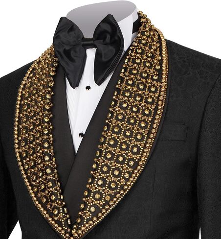 Embellished Men's Black Paisley Blazer with Gold Rhinestone Formal Tuxedo Jacket with Shawl Lapel in Saudi Arabia