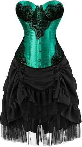 Kranchungel Womens Gothic Green Lace Corset and High Low Skirt Set, Strapless Boned Overbust Bustier Outfit for Themed Party in Kuwait