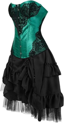 Kranchungel Womens Gothic Green Lace Corset and High Low Skirt Set, Strapless Boned Overbust Bustier Outfit for Themed Party in Kuwait