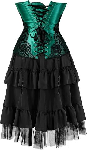 Kranchungel Womens Gothic Green Lace Corset and High Low Skirt Set, Strapless Boned Overbust Bustier Outfit for Themed Party in Kuwait