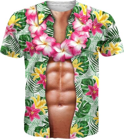 Mens Hawaiian Shirt with Abs Fake Muscle Shirts for Men 3D Funny Graphic Shirt S-XXL in Kuwait